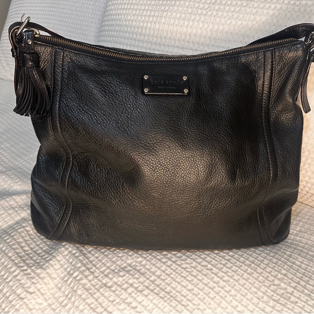 Kate Spade Black Pebbled Leather Hobo Shoulder Bag with Tassel